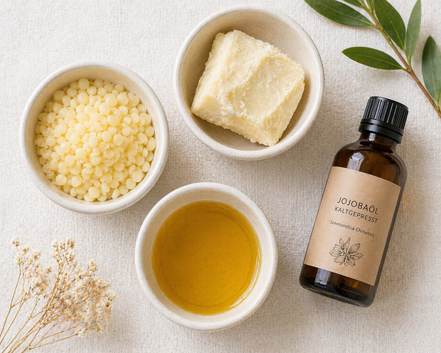 Vegane Lippenbalsam-Zutaten ohne Bienenwachs - Kakaobutter-Pastillen, Sheabutter und Jojobaöl