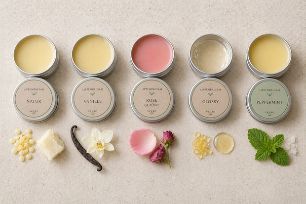 Verschiedene Lippenbalsam-Varianten - duftende Dosen, getönter Lippenbalsam und glänzende Rizinusöl-Version