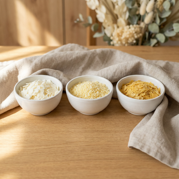 Drei vegane Wachse im Vergleich: Sojawachs-Flocken, Candelillawachs-Granulat und Carnaubawachs-Flocken nebeneinander