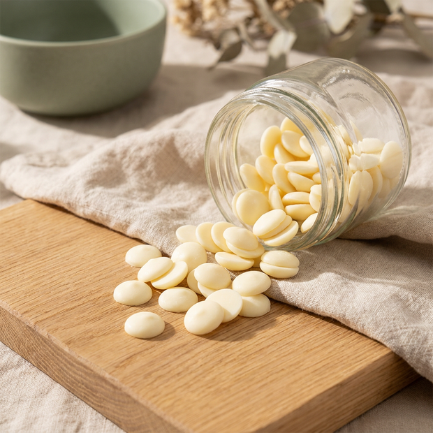 Kosmetikgeprüfte Kakaobutter-Pastillen als Rohstoff für Körperpflege