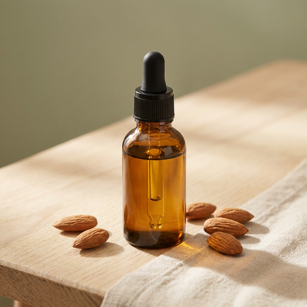 Kaltgepresstes Süßmandelöl in brauner Glasflasche - kosmetikgeprüfte Qualität