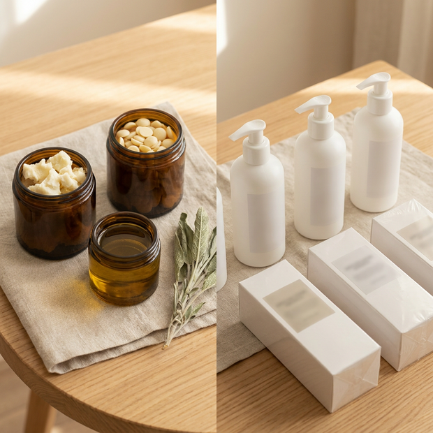DIY-Rohstoffe Flat-Lay vs. kommerzielle Kosmetik mit Mehrfachverpackung nebeneinander