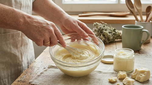 Hände beim Aufschlagen von Körperbutter