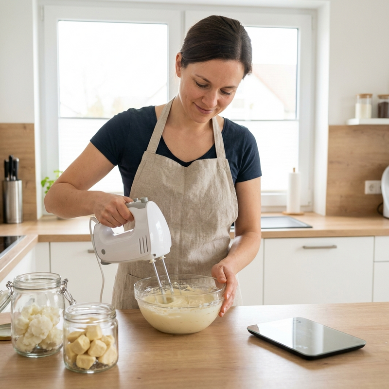 Frau schlägt Körperbutter in einer hellen Küche mit dem Handrührgerät auf