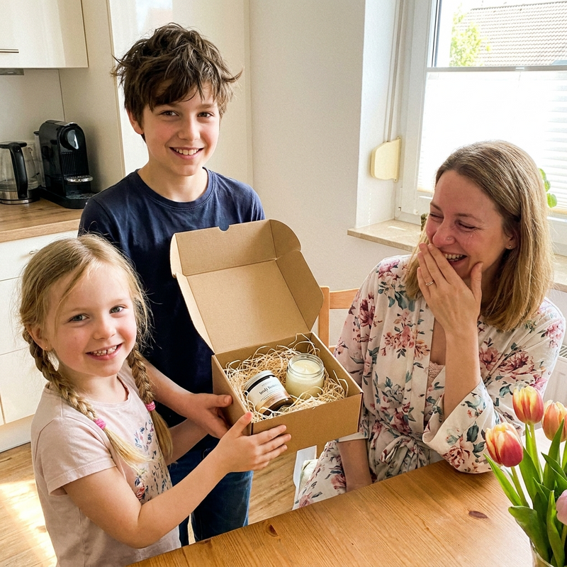 Zwei Kinder überreichen ihrer Mutter zum Muttertag ein selbstgemachtes Geschenk