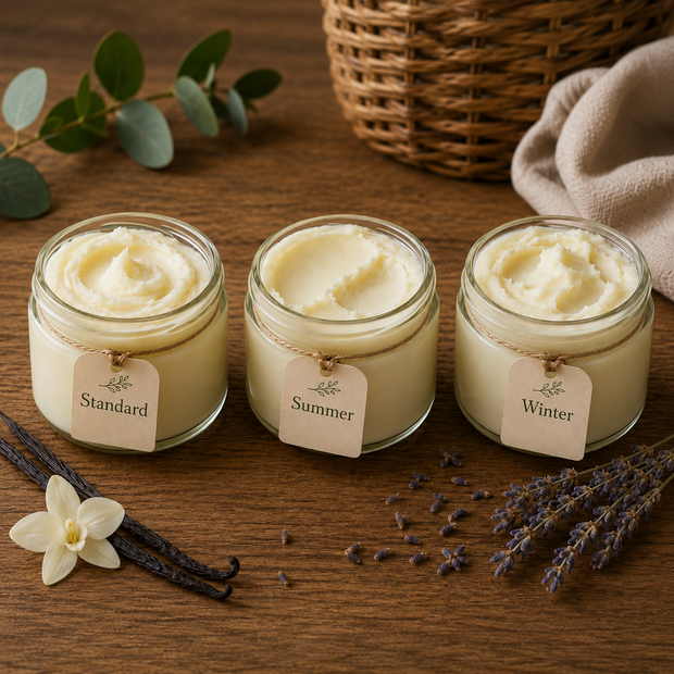 Drei Körperbutter-Variationen in Glasgläsern - unparfümiert Standard, duftend Sommer und winterreich