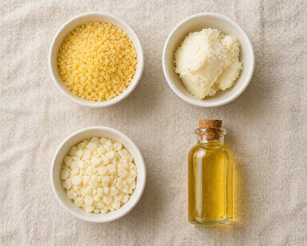 Alle vier Lippenbalsam-Zutaten - Bienenwachs-Pastillen, Sheabutter, Kakaobutter und Süßmandelöl zusammen angeordnet