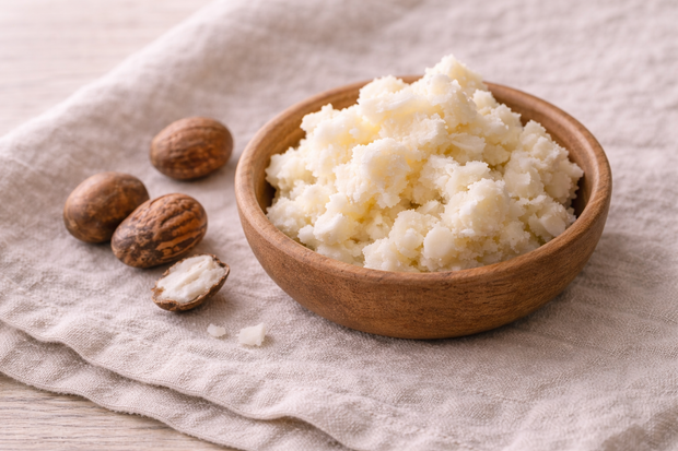 Unraffinierte Sheabutter in einer Holzschale mit natürlicher elfenbeinfarbener Textur