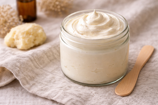 Luftige Whipped Body Butter in einem Glasgefäß mit leichter, cremiger Textur