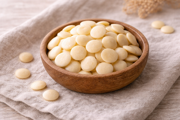 Rohe Kakaobutter-Pastillen mit natürlichem Kakaoduft und elfenbeinfarbener Farbe
