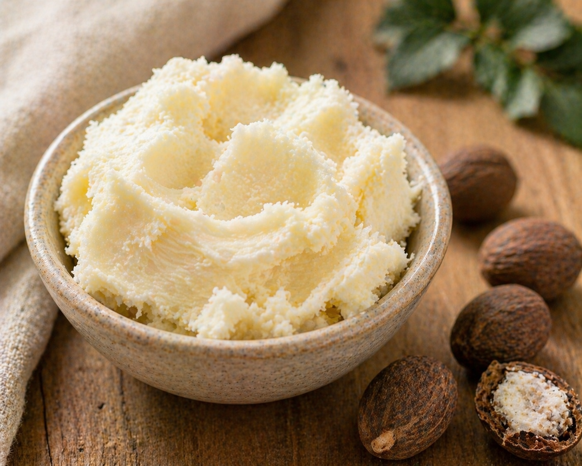 Unraffinierte Sheabutter in ihrer natürlichen elfenbeinfarbenen bis gelben Farbe - kosmetikgeprüfter Rohstoff