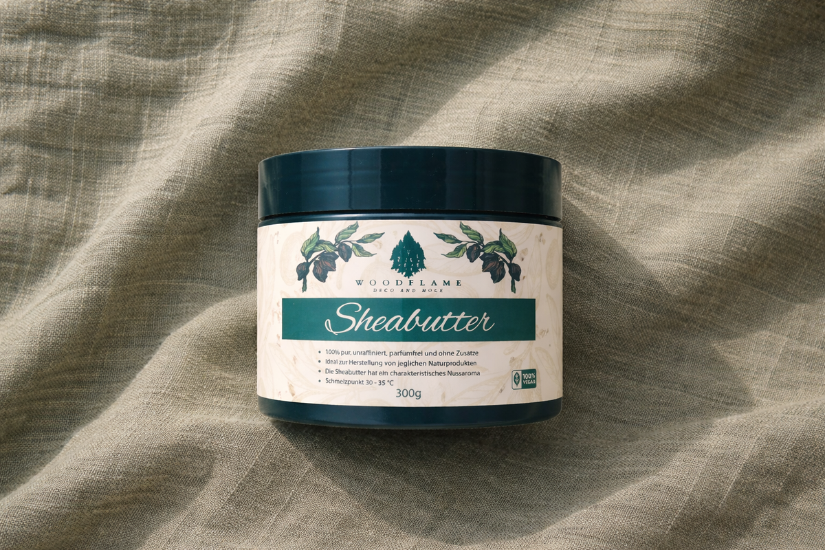 Kosmetikprodukt mit sichtbarer INCI-Inhaltsstoffliste daneben Woodflame Sheabutter