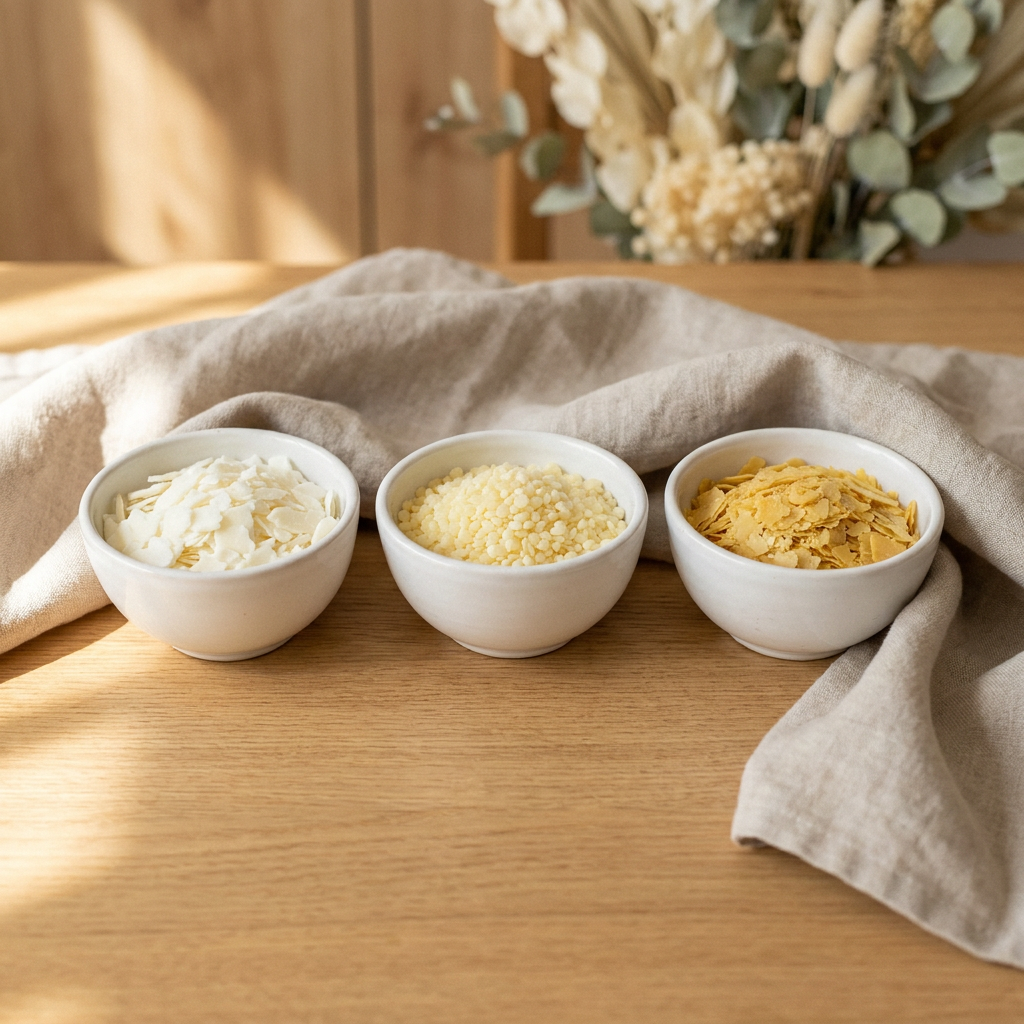 Drei vegane Wachse im Vergleich: Sojawachs-Flocken, Candelillawachs-Granulat und Carnaubawachs-Flocken nebeneinander