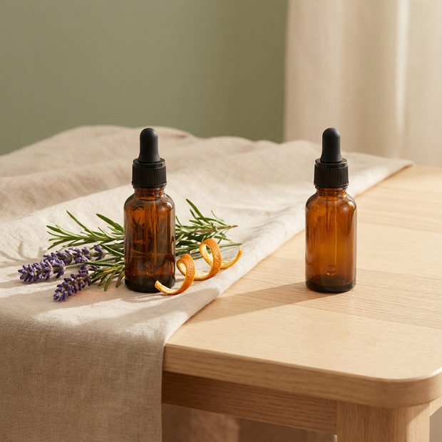 Duftöl und ätherisches Öl nebeneinander - zwei verschiedene Duftzutaten für DIY-Kerzen und Kosmetik