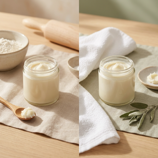 Kosmetisch geprüfte Sheabutter und Kakaobutter Woodflame Rohstoffe auf natürlichem Leinenstoff