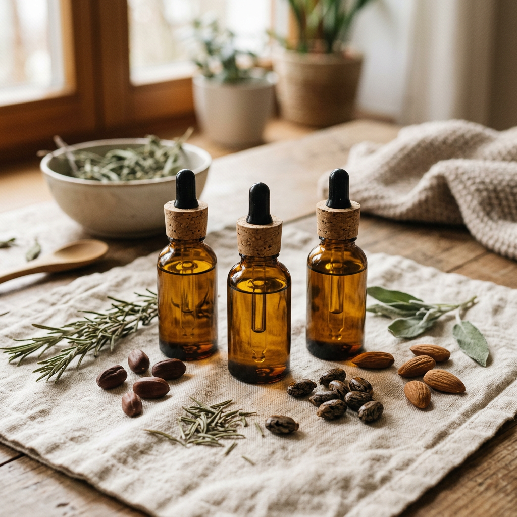 Drei Braunglas-Fläschchen mit Haaröl, umgeben von Jojoba, Mandeln und Rizinussamen
