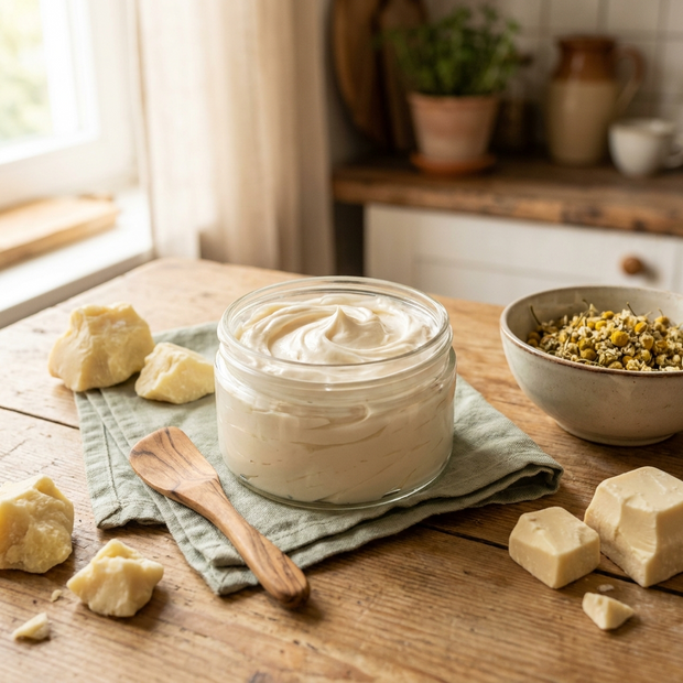 Glas mit cremig aufgeschlagener Körperbutter und Holzspatel, daneben Sheabutter-Stücke