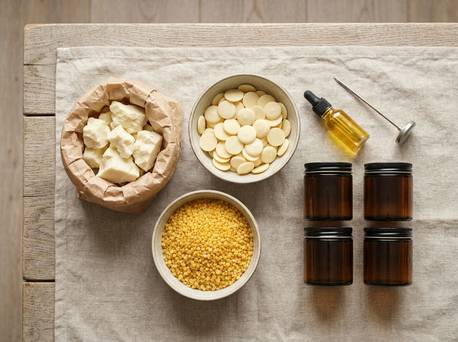 Aufsicht auf ein vorbereitetes Set: Papiertüte mit Sheabutter-Brocken, Schale mit elfenbeinfarbenen Kakaobutter-Pastillen, Schale mit gelben Bienenwachskörnern, ein Ölfläschchen, ein Thermometer und vier Braunglastiegel