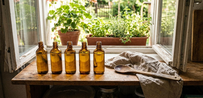Fünf kleine Braunglasflaschen mit goldenem Öl stehen in einer Reihe auf einem Küchenregal vor einem Fenster mit Pflanzen