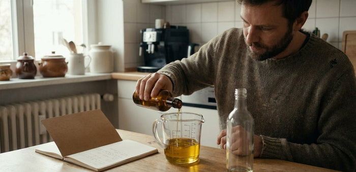 Mann mischt am Küchentisch zwei goldene Öle in einem kleinen Messbecher aus Glas, daneben eine Braunglasflasche