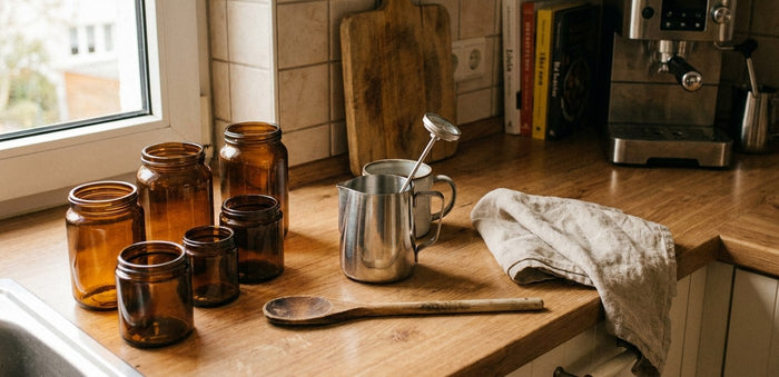 Küchenarbeitsplatte mit vorbereitetem Zubehör: leere Braunglastiegel, Gießkanne aus Edelstahl, Thermometer und Holzlöffel