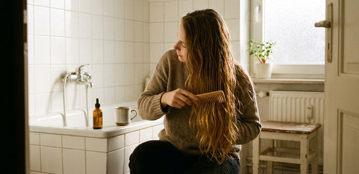 Frau kämmt am Badewannenrand goldenes Öl mit einem grobzinkigen Holzkamm durch die Längen ihrer eigenen Haare