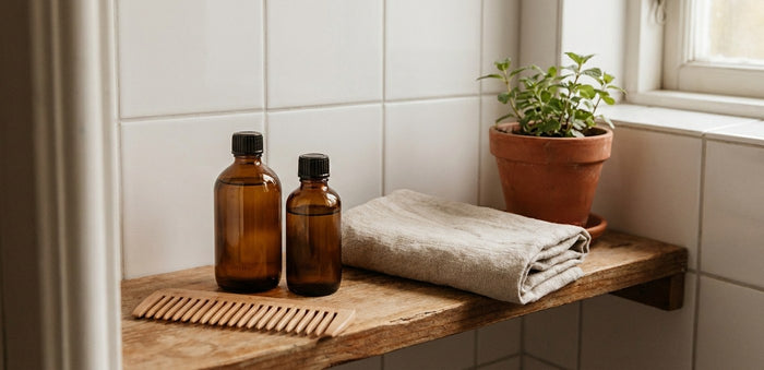 Badezimmerablage mit zwei Braunglasflaschen Haaröl, einem Holzkamm, einem Leinentuch und einer kleinen Topfpflanze