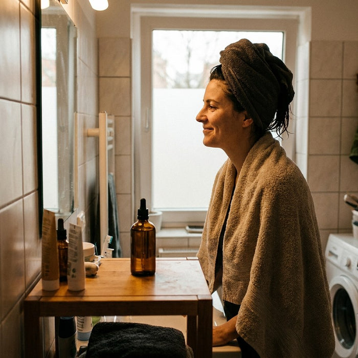 Frau mit Handtuch über den Schultern steht vor dem Badezimmerspiegel, das Haar frisch gepflegt, daneben eine Braunglasflasche