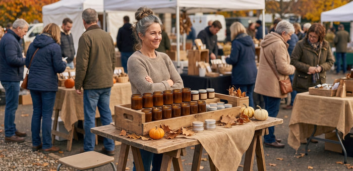 Frau steht im Herbst stolz hinter ihrem Stand mit selbstgemachten Kerzen
