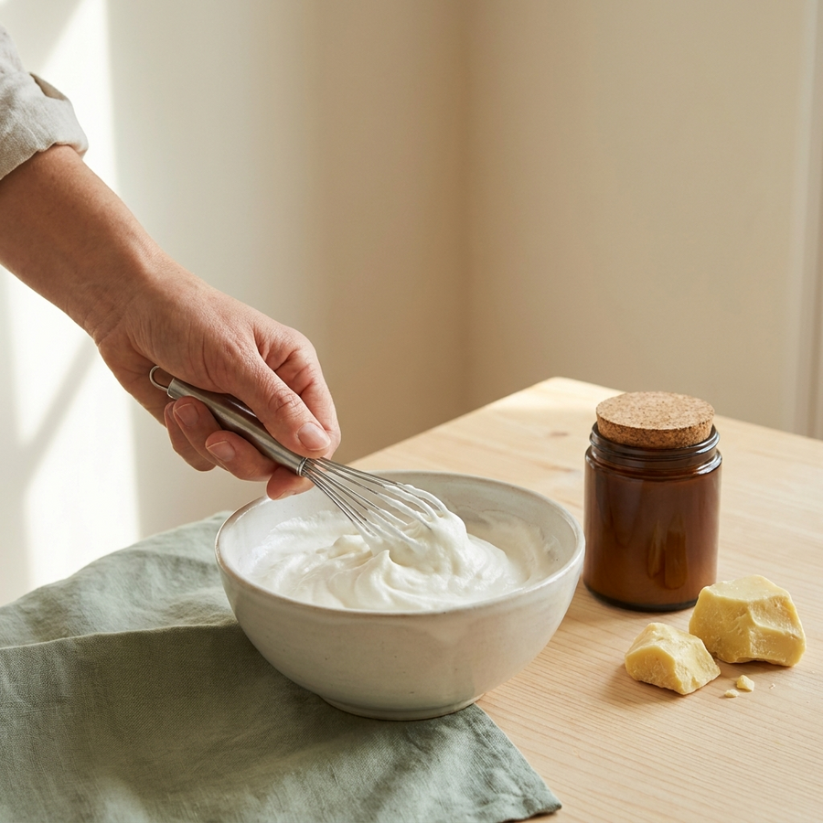 Hand schlägt weiße Körperbutter in einer Keramikschale mit einem Schneebesen auf