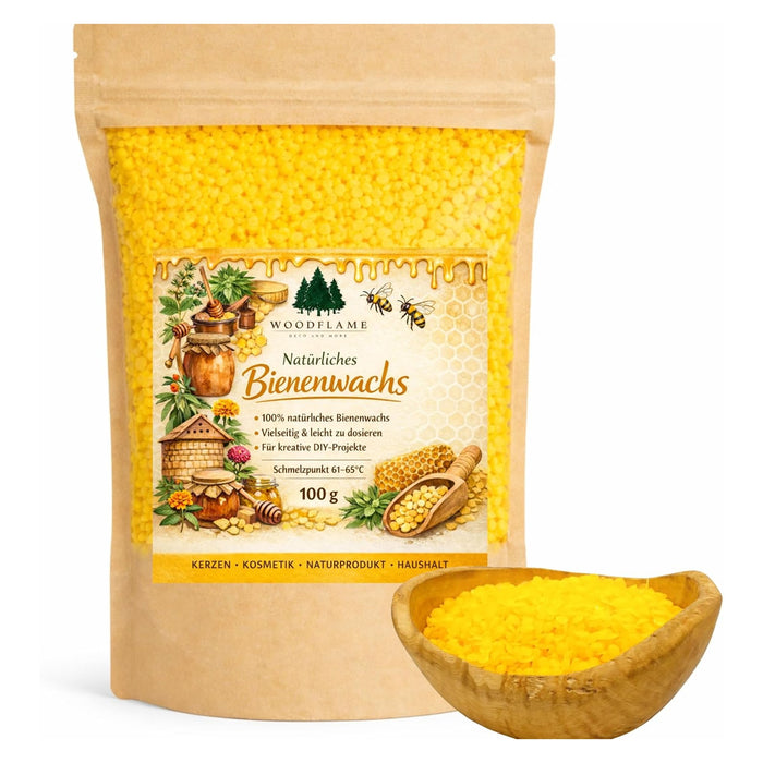 Woodflame Bienenwachs Pastillen im Standbodenbeutel mit Schale