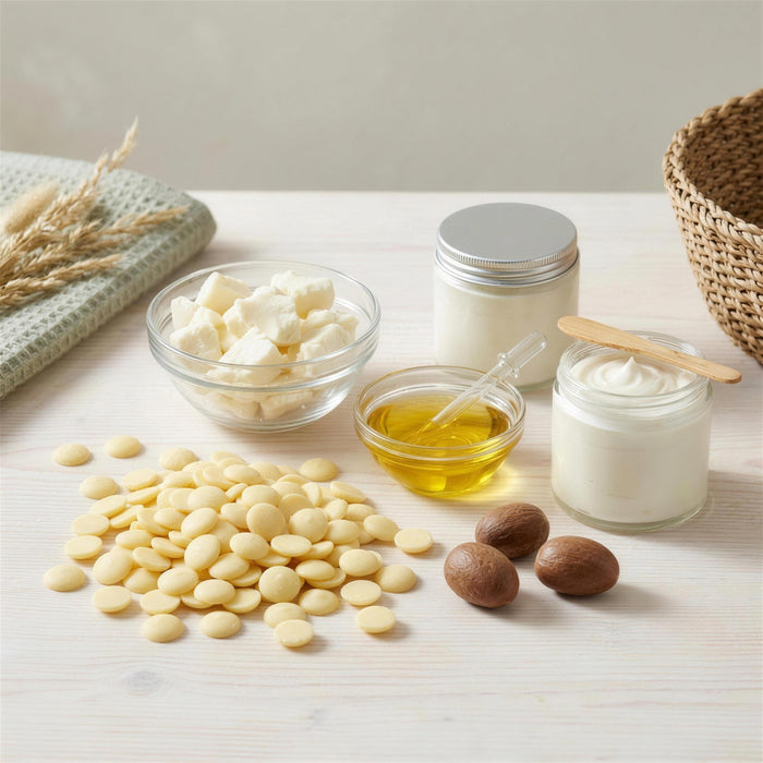 Body Butter Kern Set in Arbeit: geöffneter Kakaobutter-Beutel mit ausgeschütteten Pastillen, offene Sheabutter-Dose, Mandelöl mit Pipette und die fertige Körperbutter in zwei eigenen Gläsern