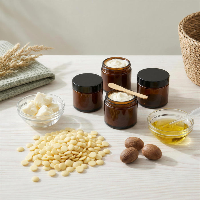 Körperbutter Starter Set in Arbeit: geöffneter Kakaobutter-Beutel mit ausgeschütteten Pastillen, offene Sheabutter-Dose, Mandelöl mit Pipette und vier braune Glastiegel mit fertiger Körperbutter