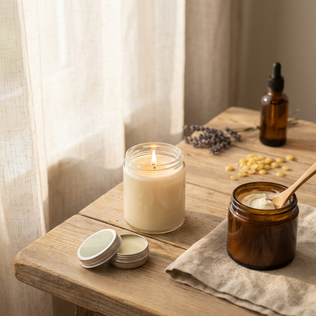 Selbstgemachte Sojakerze, Lippenbalsam-Dosen und Körperbutter im Glas auf einem Holztisch am Fenster