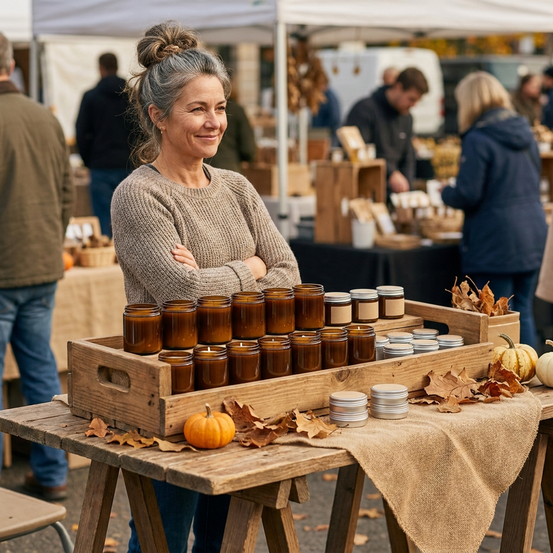 Frau steht im Herbst stolz hinter ihrem Stand mit selbstgemachten Kerzen
