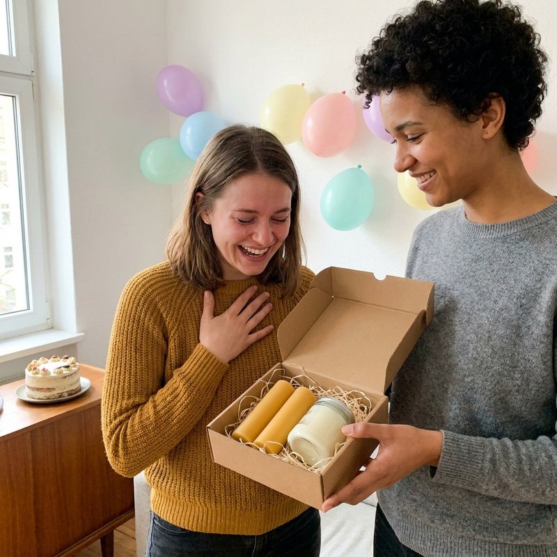 Freundin ist gerührt über ein Geburtstagsgeschenk aus selbstgemachten Kerzen und Körperbutter
