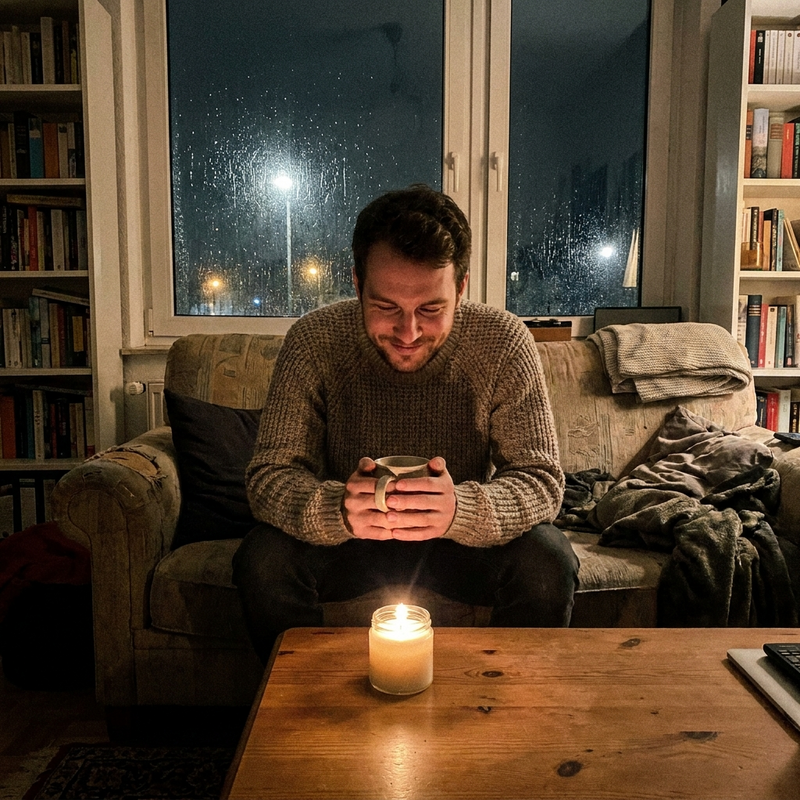 Mann sitzt an einem Regenabend mit einer Tasse vor seiner selbstgemachten Kerze