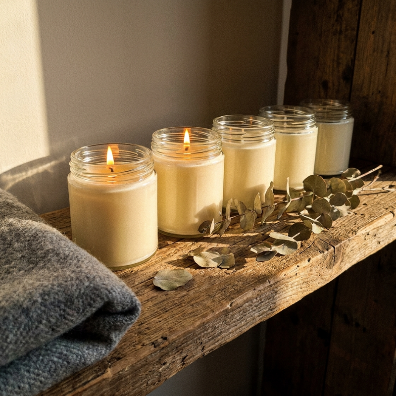 Fünf fertige Sojakerzen im Glas auf einem Holzregal, zwei davon brennen