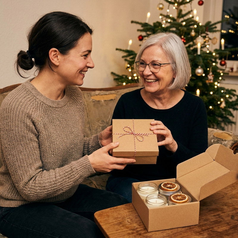 Tochter überreicht ihrer Mutter zu Weihnachten selbstgemachte Kerzen und Balsamdosen