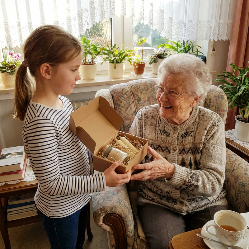 Enkelin schenkt ihrer Großmutter eine selbstgemachte Kerze und Körperbutter