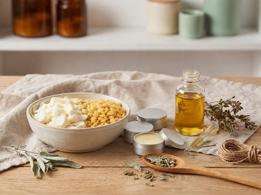 Zutaten für selbst gemachten Lippenbalsam auf einem Eichentisch: Sheabutter und Bienenwachspastillen in einer Keramikschale, drei Aluminiumtiegel und ein Fläschchen Mandelöl mit Pipette.