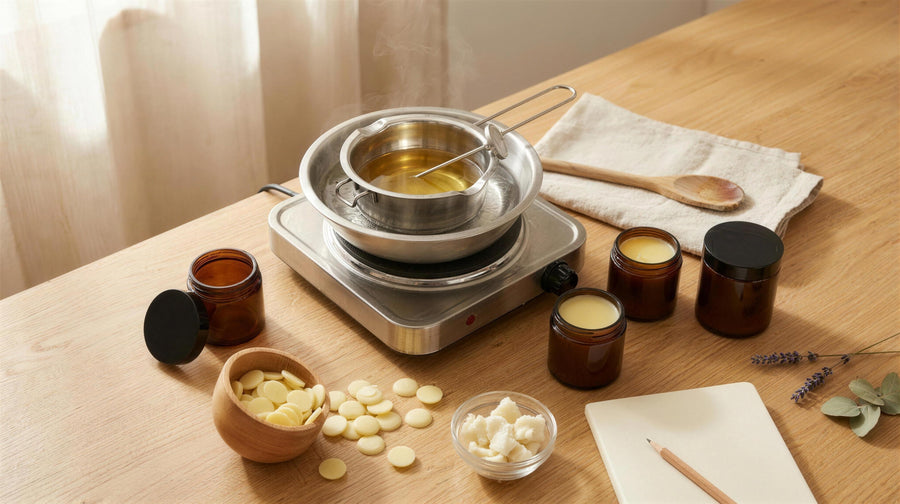 Woodflame Learning Hub: DIY-Arbeitsplatz mit Wasserbad, geschmolzenem Wachs, Thermometer, abgefüllten Glastiegeln und Wachspastillen