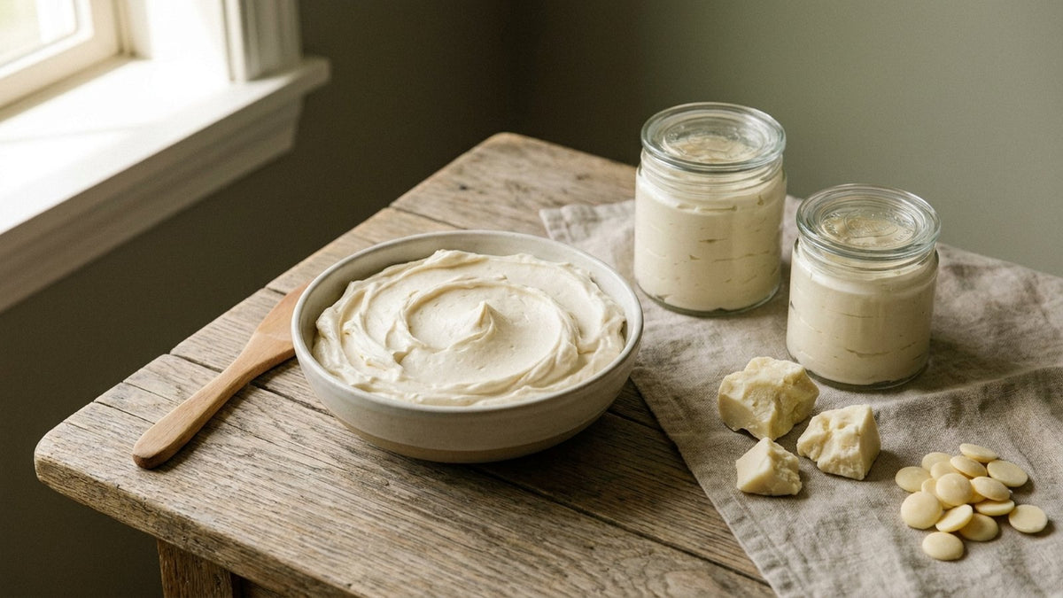 Aufgeschlagene Körperbutter in einer Keramikschale neben gefüllten Gläsern