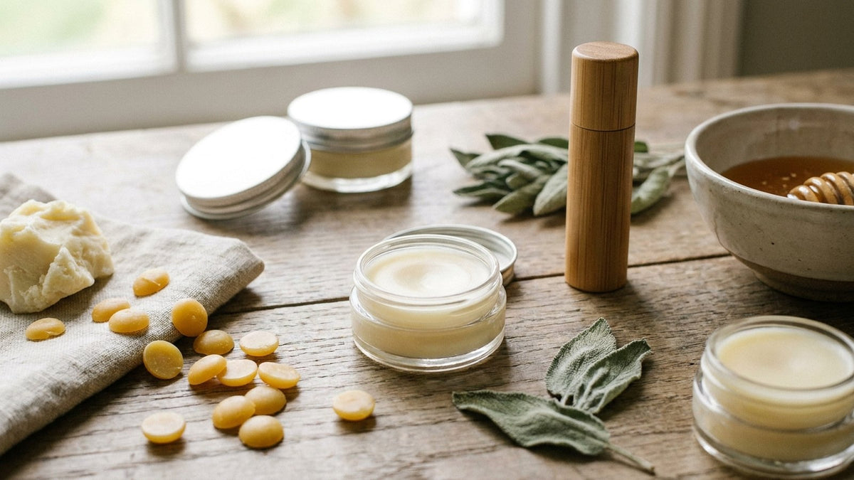 Fertige Lippenbalsame in kleinen Dosen neben Bienenwachs und Sheabutter